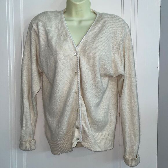 Vintage 80s/90s Lord & Taylor cream/ivory silk/angora cardigan sweater - Picture 1 of 8